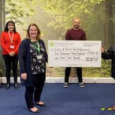 Tanya Taylor being presented with the donation cheque at the society’s head office by HR manager Vickie Preston, alongside society colleagues David Charlton, Mandy Whitten and Jodie Burnside.