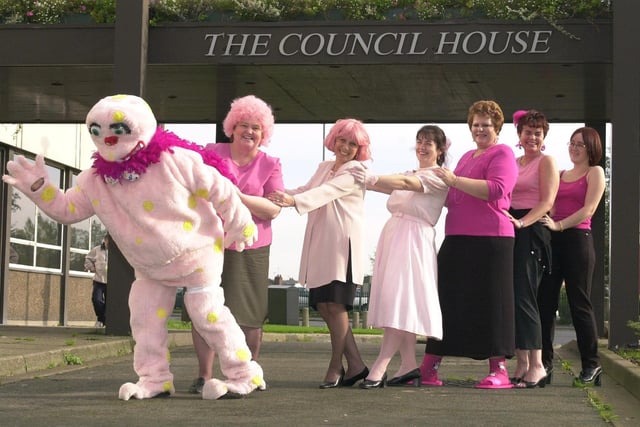Mr Blobby, Red Ahagan, and fellow Council employees, from left, Mary Ferron, Sue Reader, Dianne Vincent, Ann Rigby, Karen Bates and Christina Craven turned up at The Council House dresed in pink in 2000 to raise money for Life After Breast Cancer Support Group.
