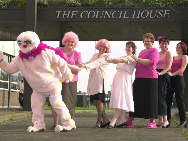 Mr Blobby, Red Ahagan, and fellow Council employees, from left, Mary Ferron, Sue Reader, Dianne Vincent, Ann Rigby, Karen Bates and Christina Craven turned up at The Council House dresed in pink in 2000 to raise money for Life After Breast Cancer Support Group.