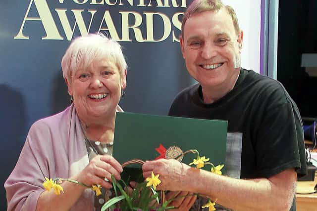 Colin Fletcher, a volunteer at the DH Lawrence Museum in Eastwood, receiving the Culture & Heritage Award from Coun Teresa Cullen. Photo: Broxtowe Council Facebook