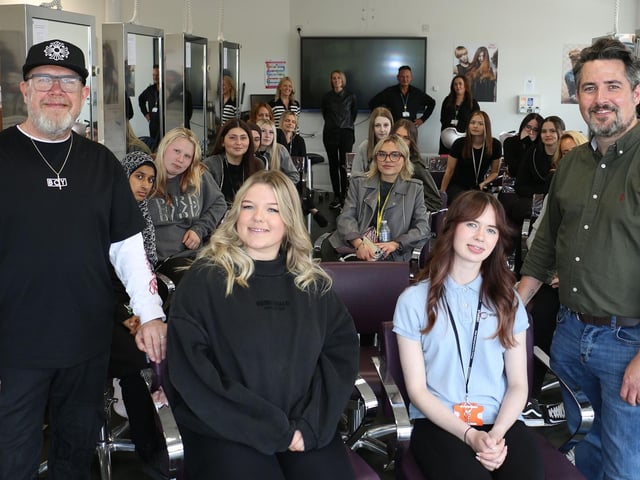 Rich Windle (first left) and Paul Corbett (first right), with Lily Nix (second left) and Keeley Redman, whose hair was transformed in a live demonstration watched by hairdressing students.