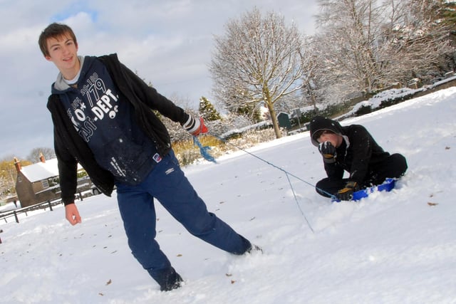 Warsop teenagers, then 15 year olds Adam Ludgate and Ryan Arrowsmith are pictured enjoying the snow at The Carrs in Warsop, 2010.