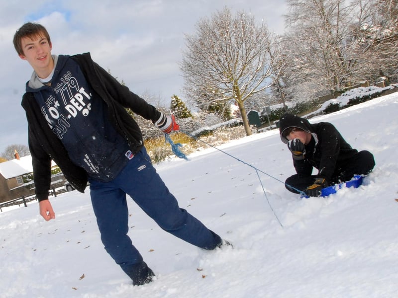 Warsop teenagers, then 15 year olds Adam Ludgate and Ryan Arrowsmith are pictured enjoying the snow at The Carrs in Warsop, 2010.