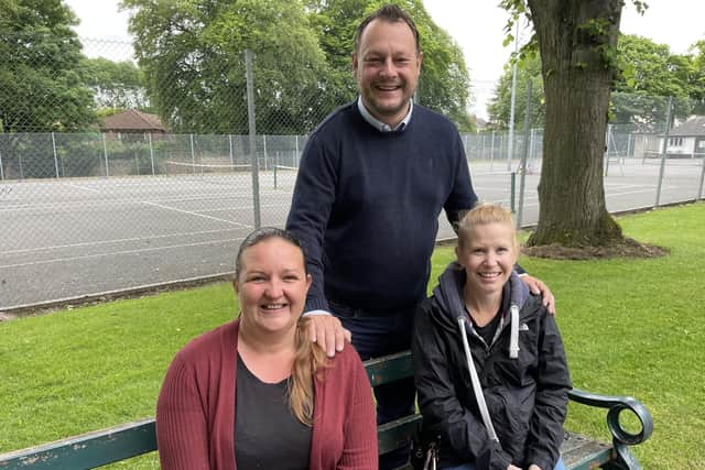 Councillors Samantha Deakin, Jason Zadrozny and Vicki Heslop at the tennis courts on Sutton Lawn.