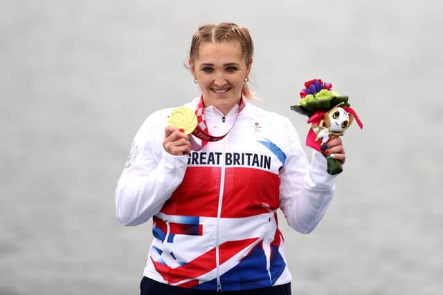 Charlotte Henshaw celebrates her gold medal success. (Photo by Dean Mouhtaropoulos/Getty Images)