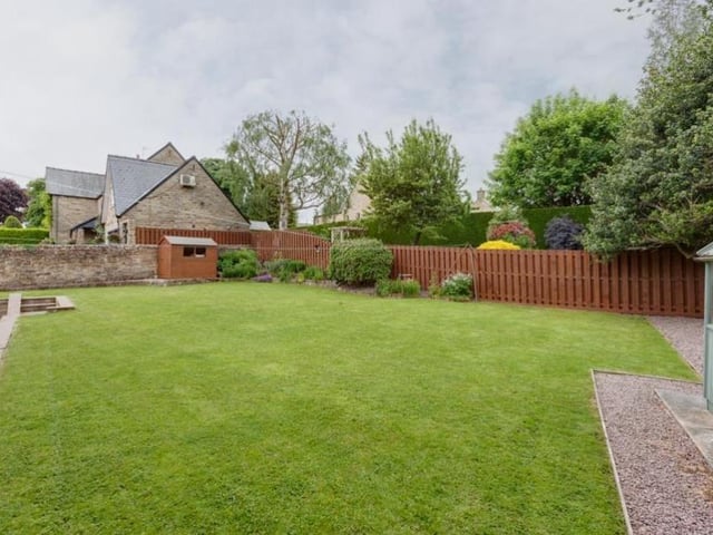 The impeccably maintained lawn in the back garden. In the distance, you can also see a shed.