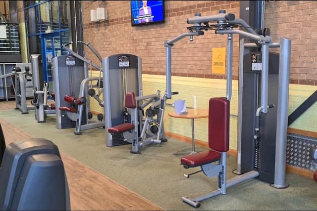 The Fitness Suite at Water Meadows - equipment is spaced out, with disinfectant and signage to remind users to clean equipment after use.