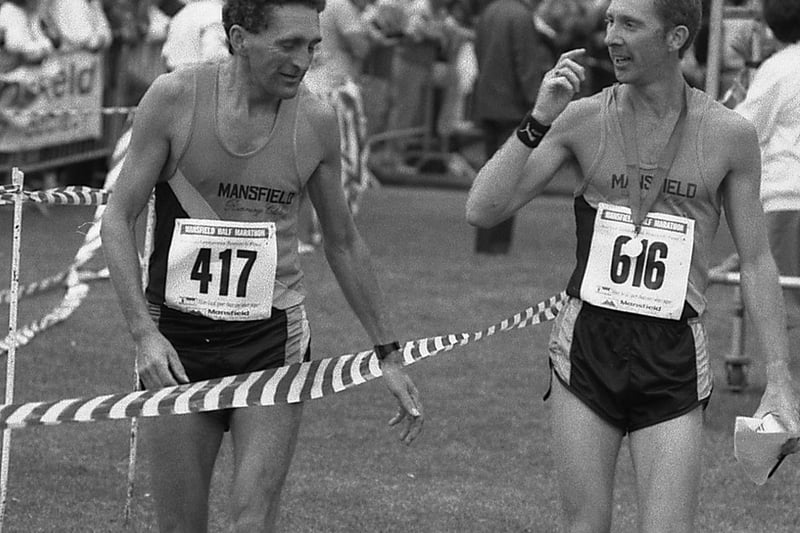 Two runners chat on the way around the 1989 Mansfield Half Marathon.