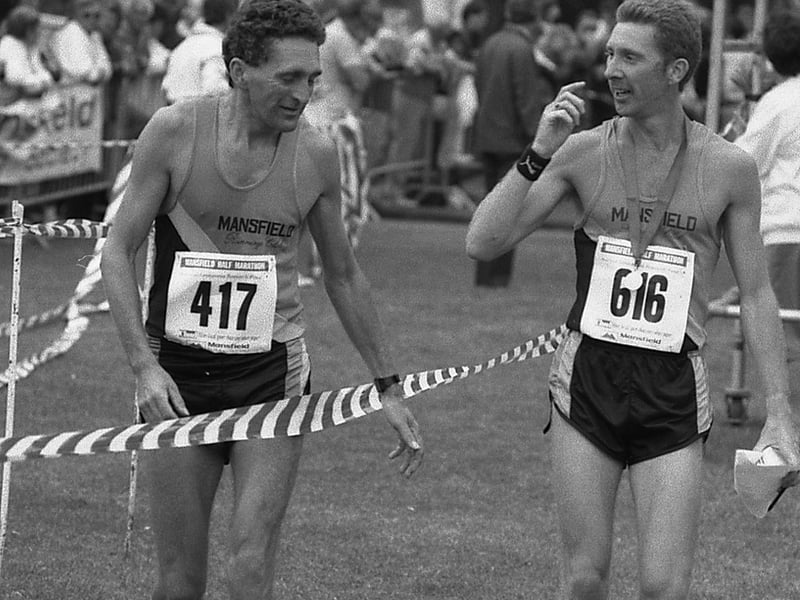 Two runners chat on the way around the 1989 Mansfield Half Marathon.