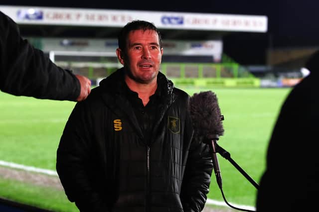 NAILSWORTH, ENGLAND - NOVEMBER 14: Mansfield manager Nigel Clough talks to the media after the Sky Bet League Two match between Forest Green Rovers and Mansfield Town at The New Lawn on November 14, 2020 in Nailsworth, England. Sporting stadiums around the UK remain under strict restrictions due to the Coronavirus Pandemic as Government social distancing laws prohibit fans inside venues resulting in games being played behind closed doors. (Photo by Michael Steele/Getty Images)