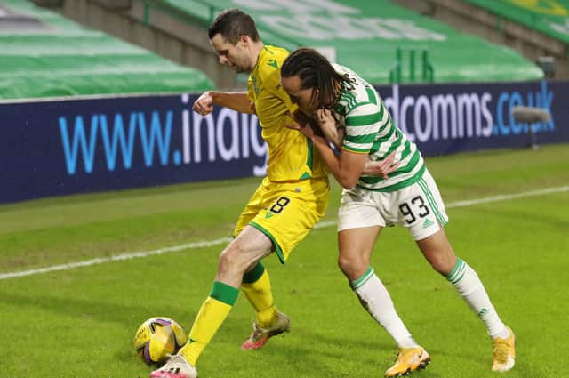 New Stags loanee James Murphy in action for Hibs against Celtic.