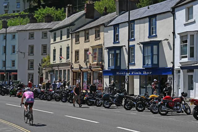 Motorcyclists park their bikes on the road in Matlock Bath . (Photo by PAUL ELLIS / AFP) (Photo by PAUL ELLIS/AFP via Getty Images)
