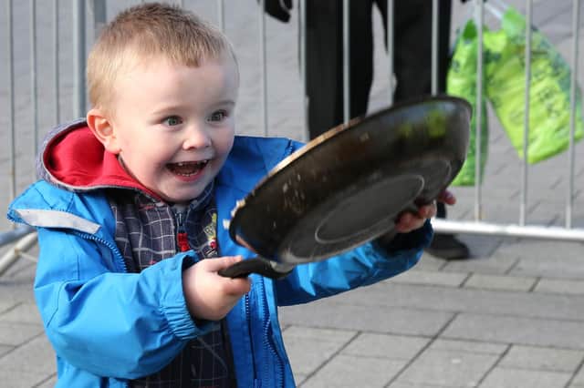 Pancake Day in Doncaster Market Place in 2016 where James Harty age 4 looked very pleased with his pancake