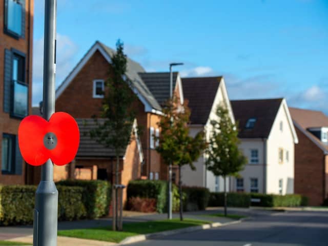A lamppost poppy for Remembrance Day at a Barratt and David Wilson Homes development