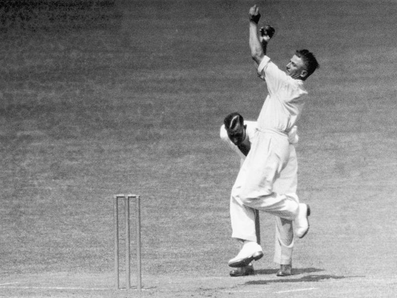 Iconic Nottinghamshire fast bowler Harold Larwood, who played in 21 Test Matches for England and had a recorded bowling speed of over 90 miles per hour, bowls in 1935.