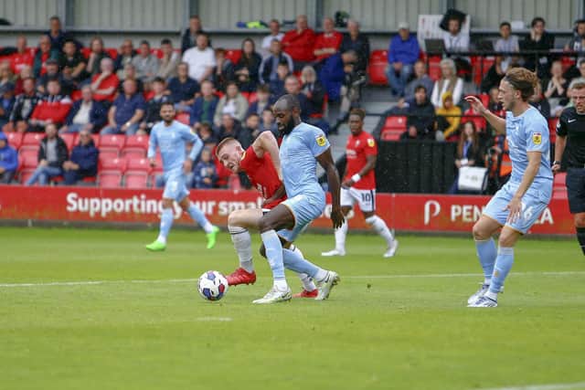 Hiram Boateng on his Mansfield Town debut at Salford City last weekend. Photo by Chris Holloway/The Bigger Picture.media.