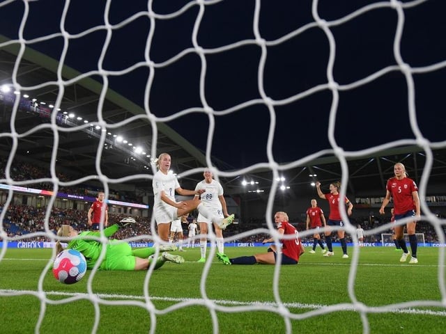 Beth Mead scores England's eighth goal on a night to remember.