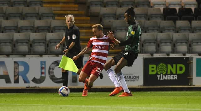 James Coppinger whips in a cross against Plymouth. Picture: Howard Roe/AHPIX