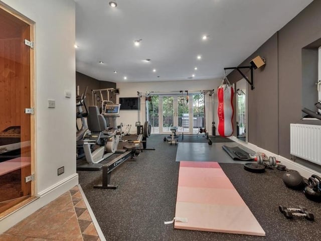 Another major asset at the Mansfield property is this outstanding gym. There is ample room for all kinds of equipment, while French doors lead to the back garden.