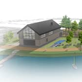 An artist's impression of the modern, new boathouse and water sports centre, complete with first-floor restaurant, that is proposed for King's Mill Reservoir in Sutton.