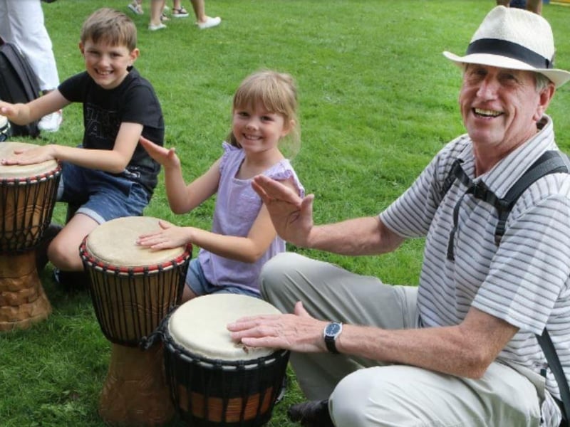 Trevor Walter and his grandchildren Edward and Eleanor on the bongos at Eastwood fun day.