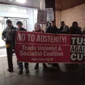 Trade Union and Socialist Coalition members protested outside Mansfield Council's budget-setting meeting. Photo: Other
