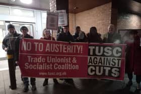 Trade Union and Socialist Coalition members protested outside Mansfield Council's budget-setting meeting. Photo: Other