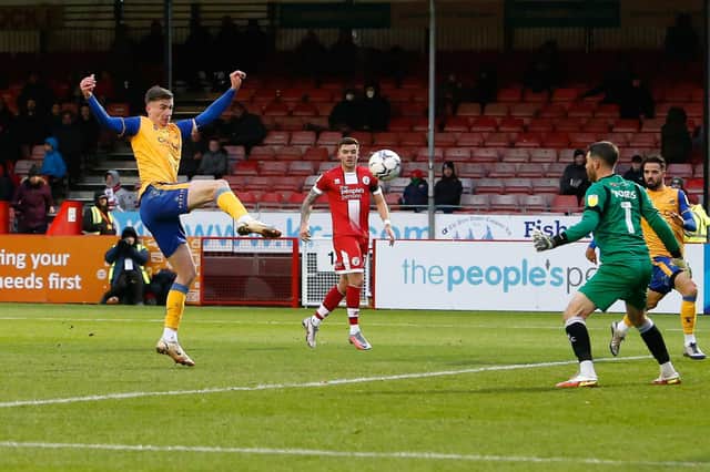Oli Hawkins opens the scoring at Crawley last weekend. Photo by Chris Holloway/The Bigger Picture.media.