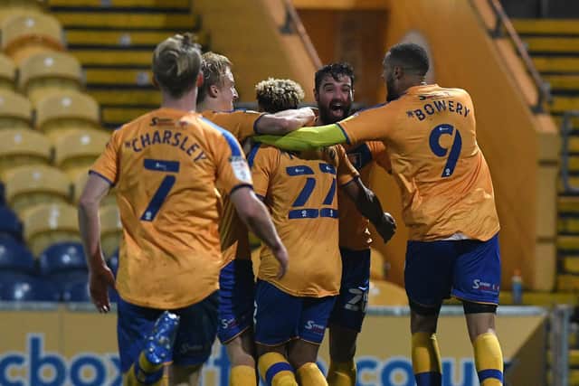 Stags players celebrate Nicky Maynard's goal. Picture: Andrew Roe/AHPIX LTD.