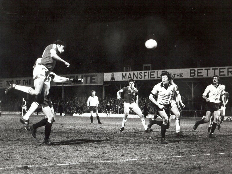 Ernie Moss rising above the Shrews’ defence to meet a cross with a powerful header in 1978.