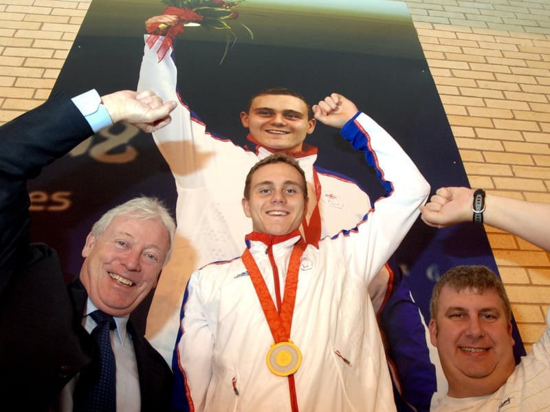 Sam Hynd is a retired British para-swimmer. He was born in Sutton. He competed in the Paralympics as a S8 classification swimmer, having club feet and mild form of muscular dystrophy. He is the brother of Ollie Hynd. Picture: Swimmer Sam Hynd unveiled the picture of himself at Water Meadows in Mansfield, along with Mayor Tony Egginton and Coach Glenn Smith.