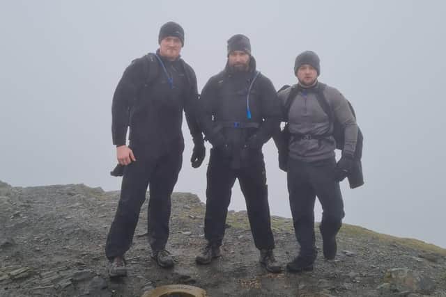 Jamie (centre) with mates Ross Johnson and Andrew Bailey (right) on Blencathra, also known as Saddleback, one of the most northerly hills in the Lake District.