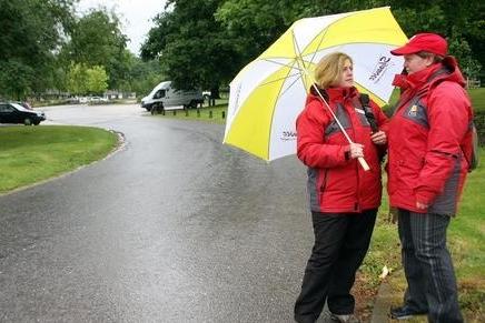 2009: Arts development manager Clare Jones and arts event officer Jane Proctor discuss the weather after the Hemlock Happening was cancelled.