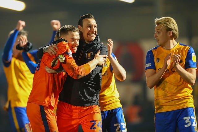 Marek Stech congratulates fellow keeper Nathan Bishop on his clean sheet at Rochdale in March.