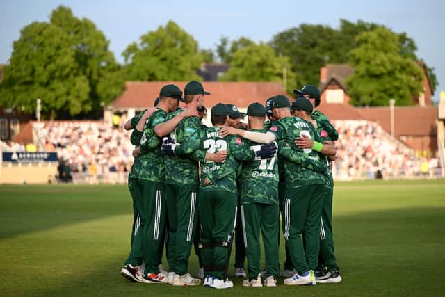 Nottinghamshire huddle during a Vitality Blast match. (Photo by Gareth Copley/Getty Images)
