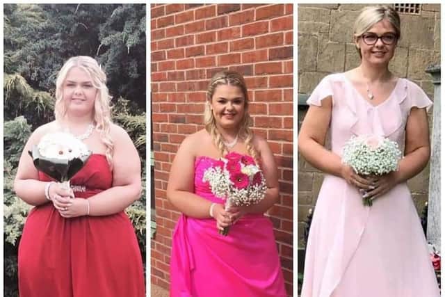 Laura Allen pictured as a bridesmaid at three weddings during her weight loss.