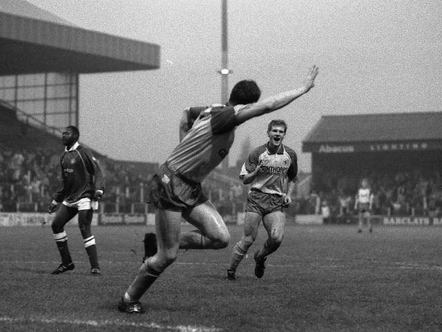 Phil Stant celebrates scoring against Wrexham in 1991.