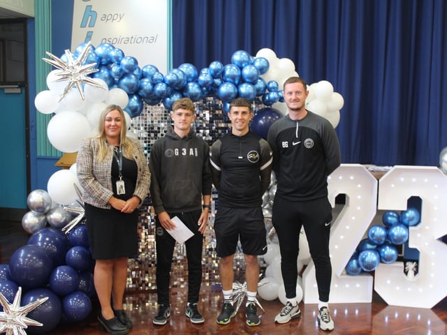 Manor Academy student Jacob Pearce (second from left) achieved a distinction*/distinction in BTEC Sport and a grade B in A Level business. He will start an apprenticeship as a sports coach with G3A Football Academy.