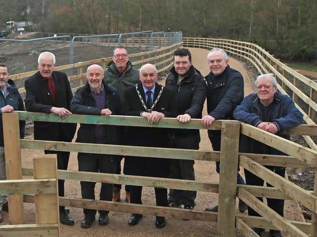 Broxtowe Council leader Coun Milan Radulovic and Mayor of Broxtowe Coun Robert Bullock are among those talking a walk on the new ramp at the Iron Giant. Photo: Submitted