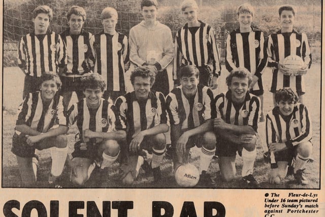 Fleur De Lys U16s. Back (from left): D Hawins, P Shafe, C Brailey, L Sargeant, P Giles, G Franckeiss, N Davies. Front: S Hawkins, B De-Caen, D Morten, A Sharkey, G Duff, S Gaffy. 1985/86