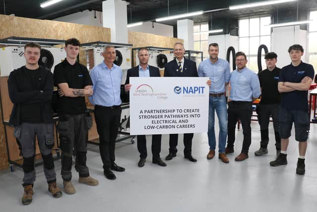 College principal Andrew Cropley (fifth right) and NAPIT’s commercial and compliance director Stephen Melton (fourth left) launch the partnership, joined by NAPIT’s head of training Brett Forster (third left), the college’s head of centre for building services Andrew Stevens and apprenticeships manager Paul Stringer (third and fourth right), and refrigeration, air conditioning and heat pump apprentices Finley Bellas, Cole Fisher, Archie Sellars and Hayden Smalley.