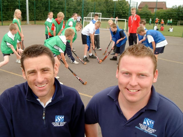 Who remembers playing hockey back in the day? Photo: In 2006, Kirkby Greenwood Primary School celebrated its sporting achievements and the opening of a new £80,000 multi-use games area. Pictured are Nick Morris, left, Sports Coordinator for the Ashfield Family of Schools, and Grant Worthington, right, P.E. Coordinator at the school.