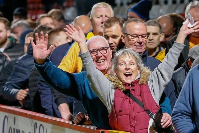 Stags fans enjoy a 2-1 win at Stevenage in 2021.