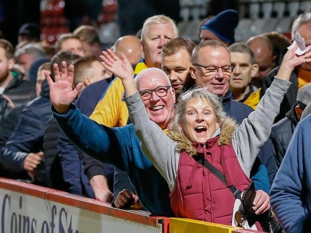 Stags fans enjoy a 2-1 win at Stevenage in 2021.