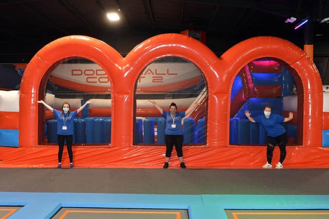 Evony Hall, Leanne Tarry and Emma Chapman at the launch of new inflatable attraction at Kirkby's Freestyle trampoline park.