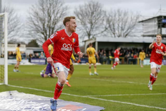 Stephen Quinn wheels away to celebrate after scoring in the Sky Bet League 2 match against Sutton Utd FC at the VBS Community Stadium, Saturday 23 Dec 2023 
Photo Chris & Jeanette Holloway / The Bigger Picture.media