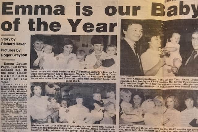 Andrea was featured in the newspaper with her daughter Emma back in 1983, who was named the Chad/Debenhams 'Baby of the Year'.