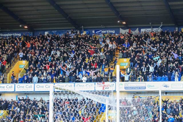 Stags fans during the Sky Bet League 2 match against Accrington Stanley FC at the One Call Stadium, 16 April 2024, Photo credit Chris & Jeanette Holloway / The Bigger Picture.media:Stags beat Accrington 2-1 to seal a spot in League One next year.