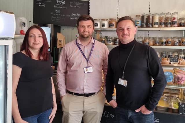 Sara Clark, Coun Jack Stephenson and Phillip Dackombe at Mansfield Refillery Coffee Loft.