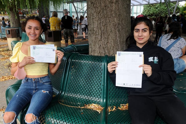 St Edmund's Catholic School students (l-r) Tigist Chambers and Aya Keder both 16 with their results. Picture: Sarah Standing (200820-2971)